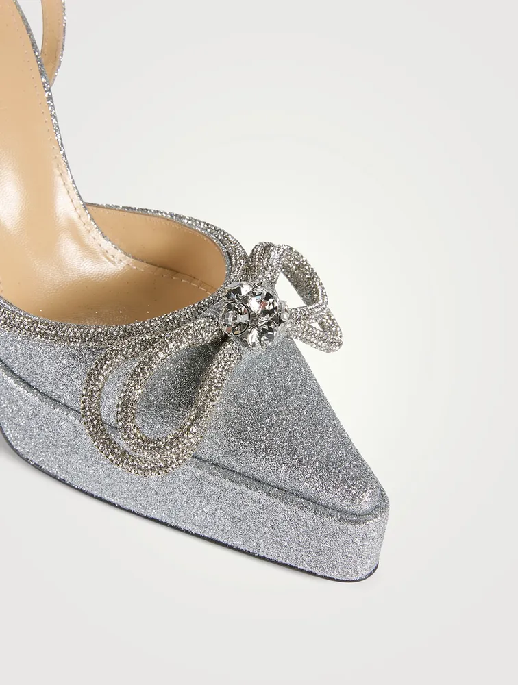 Double Bow Crystal-Embellished Glitter Platform Pumps