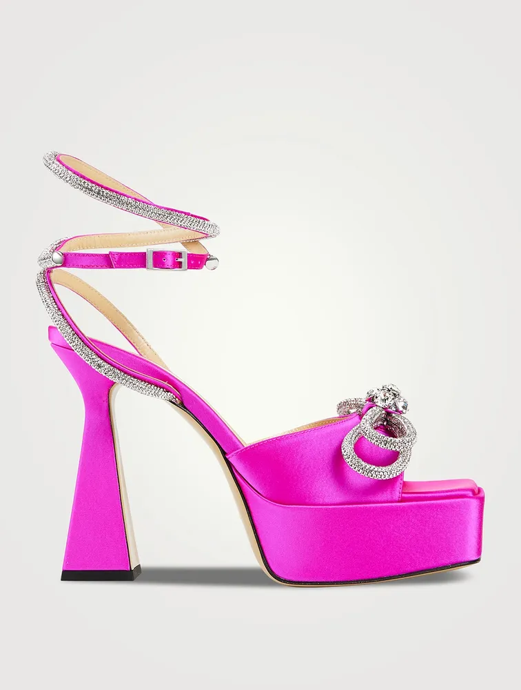 Double Bow Crystal-Embellished Satin Platform Sandals