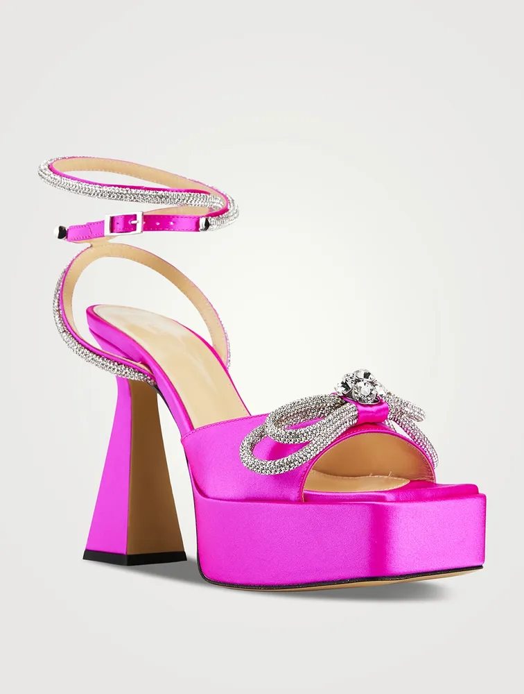 Double Bow Crystal-Embellished Satin Platform Sandals