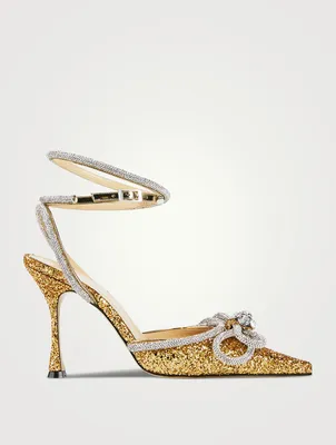 Double Bow Crystal-Embellished Glitter Pumps