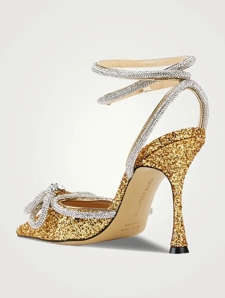 Double Bow Crystal-Embellished Glitter Pumps