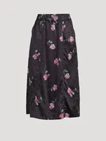 Crinkled Satin Midi Skirt Floral Print