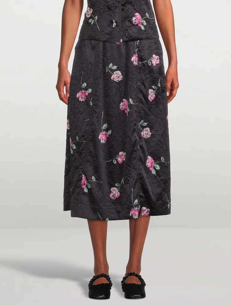 Crinkled Satin Midi Skirt Floral Print