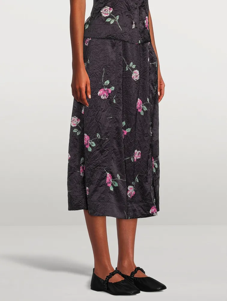 Crinkled Satin Midi Skirt Floral Print