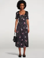 Crinkled Satin Midi Skirt Floral Print