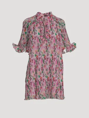Pleated Georgette Mini Dress Floral Print