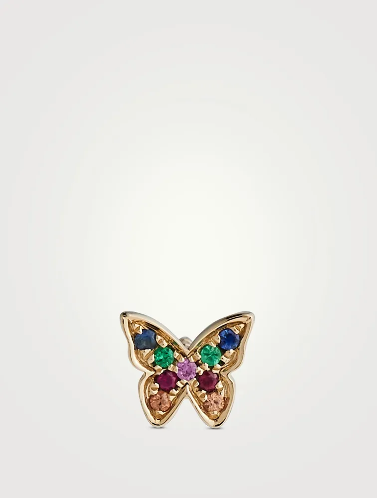 14K White Gold Single Mini Rainbow Butterfly Stud Earring With Rainbow Gemstones