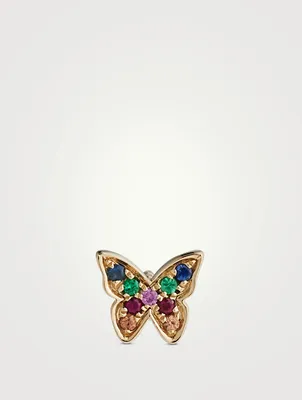 14K White Gold Single Mini Rainbow Butterfly Stud Earring With Rainbow Gemstones