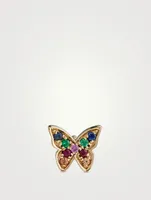 14K White Gold Single Mini Rainbow Butterfly Stud Earring With Rainbow Gemstones