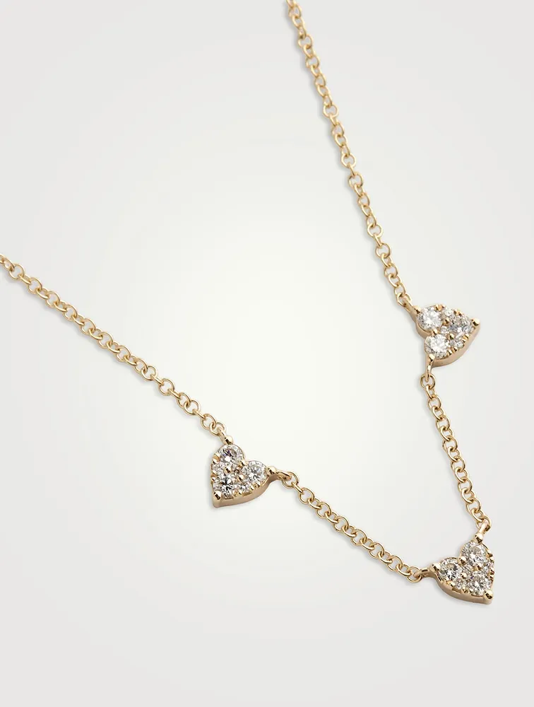 14K Gold Triple Full Cut Diamond Heart Necklace