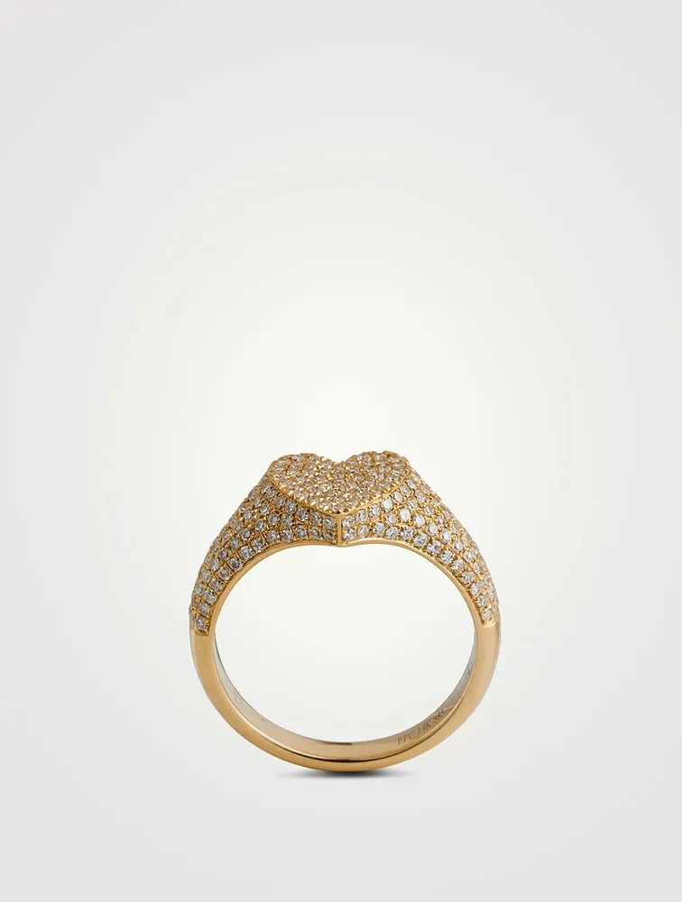 14K Gold Diamond Heart Signet Ring