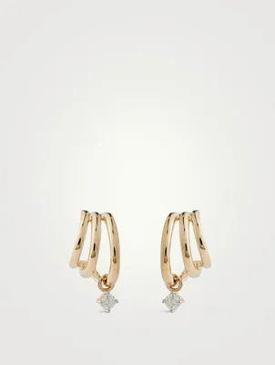 14K Gold Triple Huggie Earrings With Diamond Drop