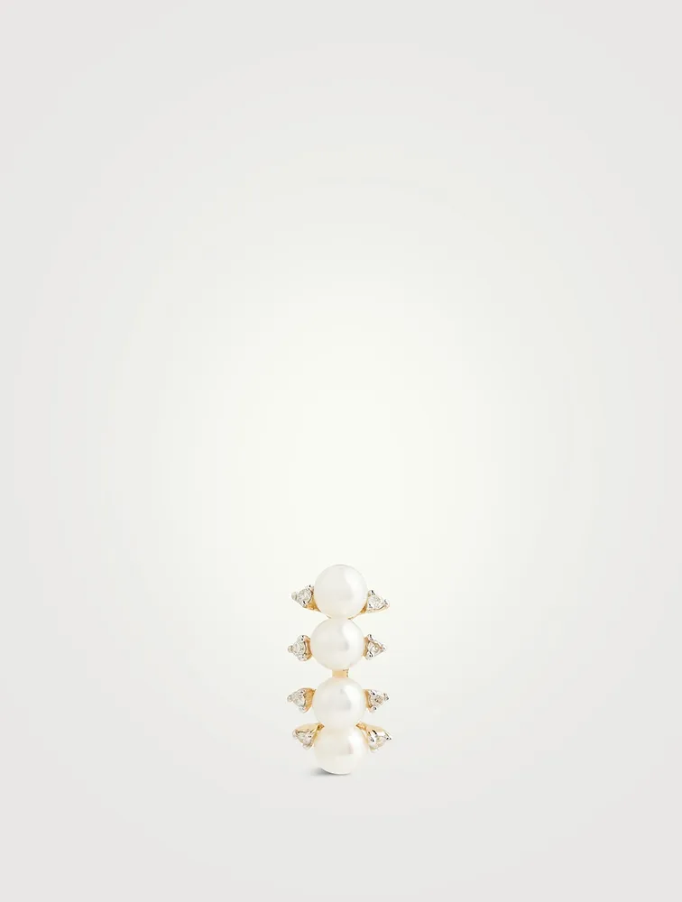 14K Gold Arc Pearl Earring With Diamonds