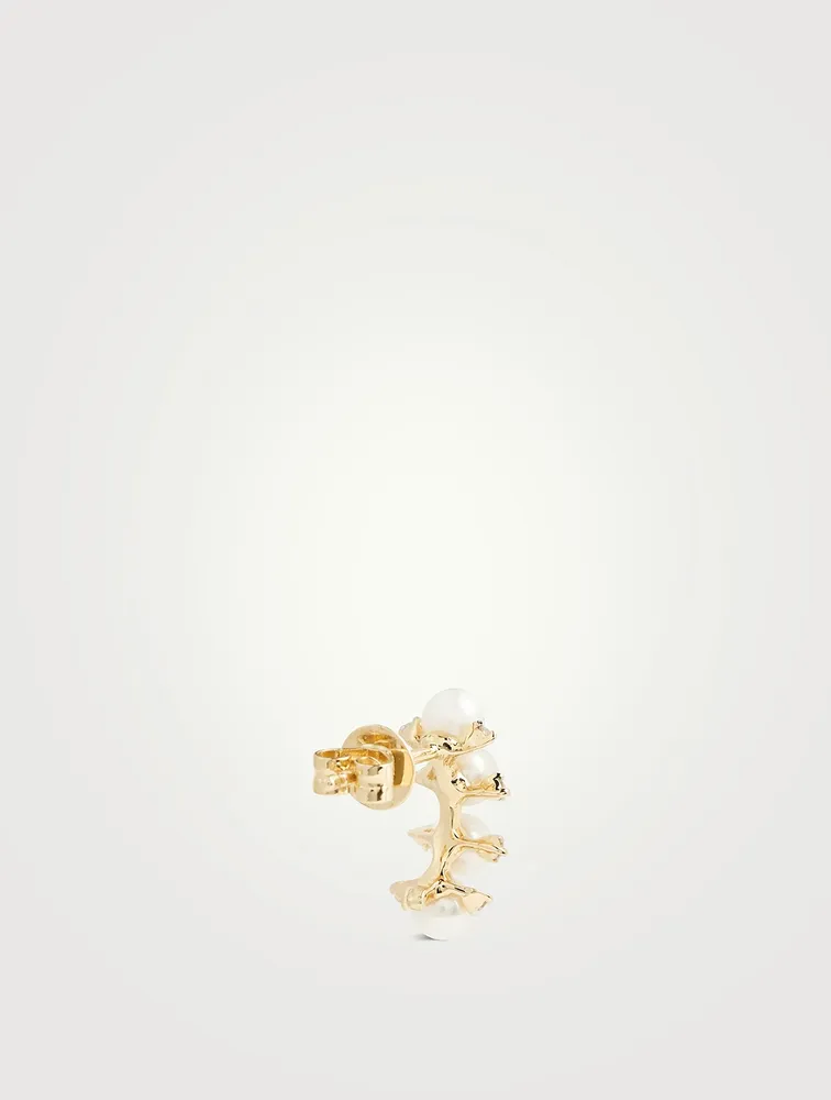 14K Gold Arc Pearl Earring With Diamonds