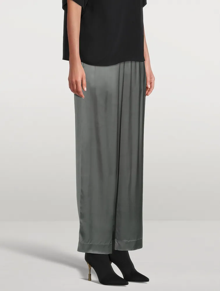 High Rise Pleated Satin Wide-Leg Trousers