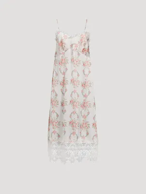Lace-Trimmed Slip Dress Wreath Print