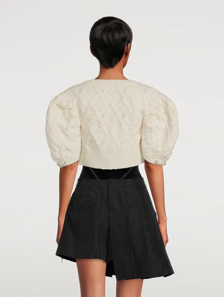 Embellished Puff-Sleeve Cropped Cardigan