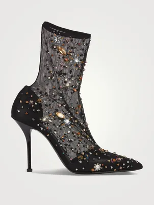 Crystal-Embroidered Mesh Sock Boots