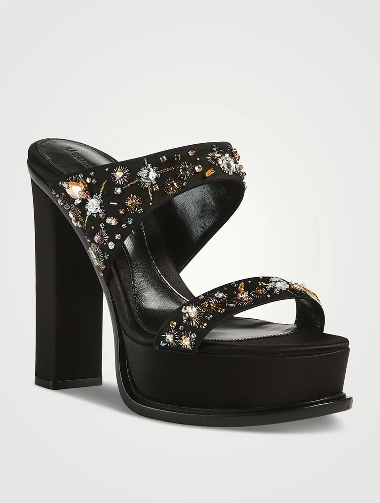 Crystal-Embroidered Satin Platform Mules