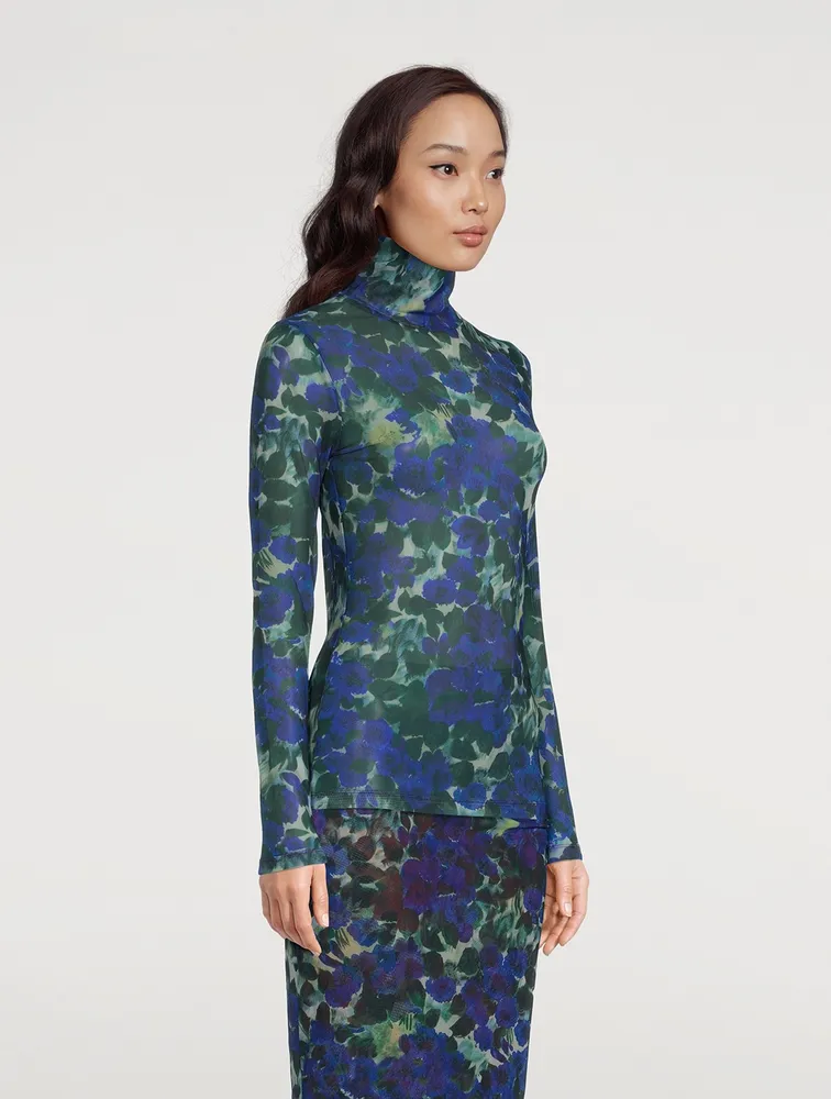 Heyser Mesh Jersey Turtleneck Floral Print