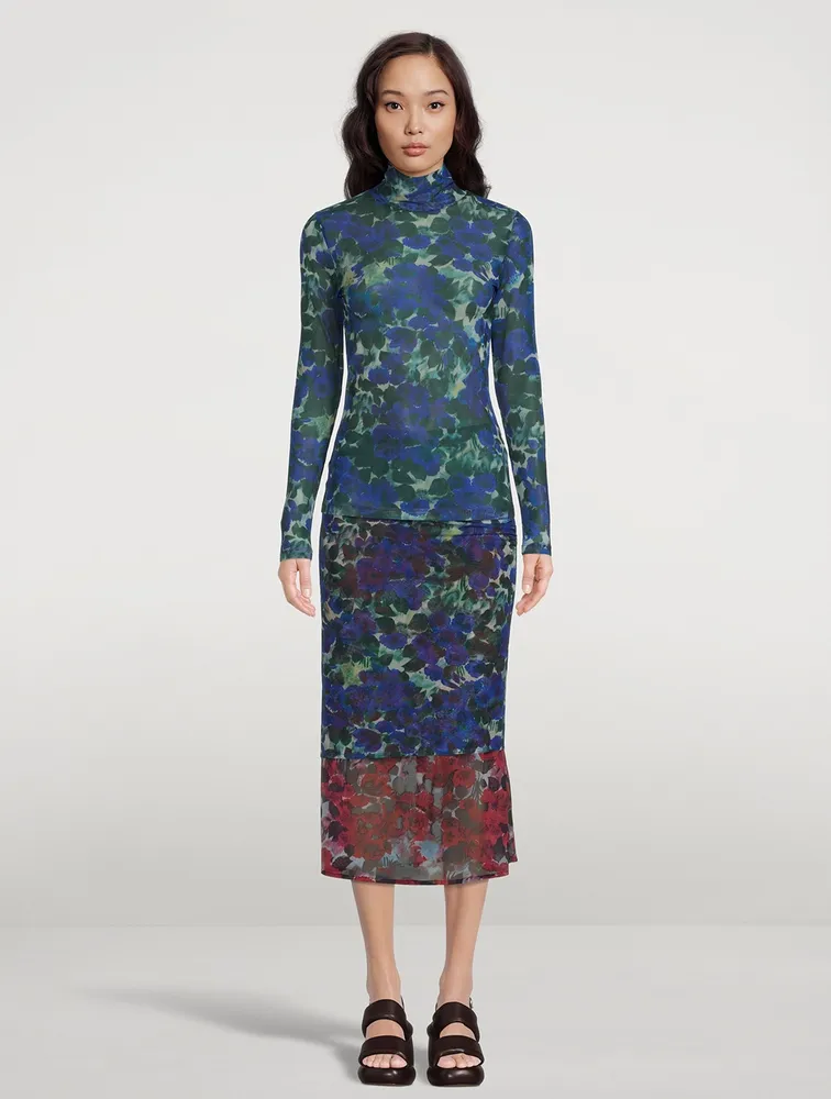 Heyser Mesh Jersey Turtleneck Floral Print