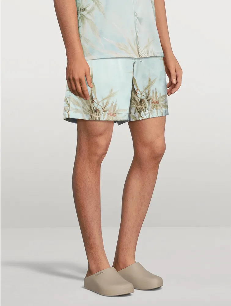 Silk Shorts Leaves Print