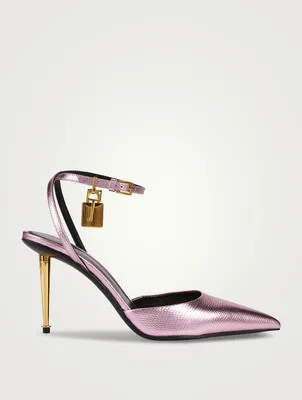 Lizard-Embossed Metallic Leather Pumps With Padlock