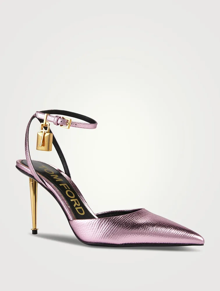 Lizard-Embossed Metallic Leather Pumps With Padlock