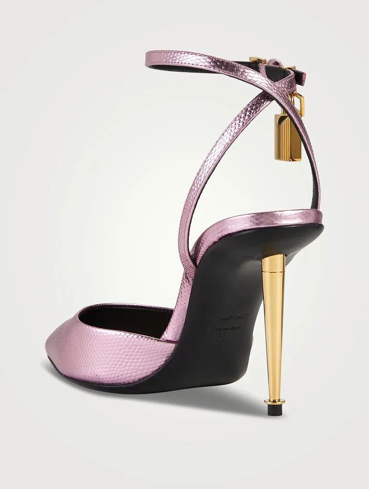 Lizard-Embossed Metallic Leather Pumps With Padlock