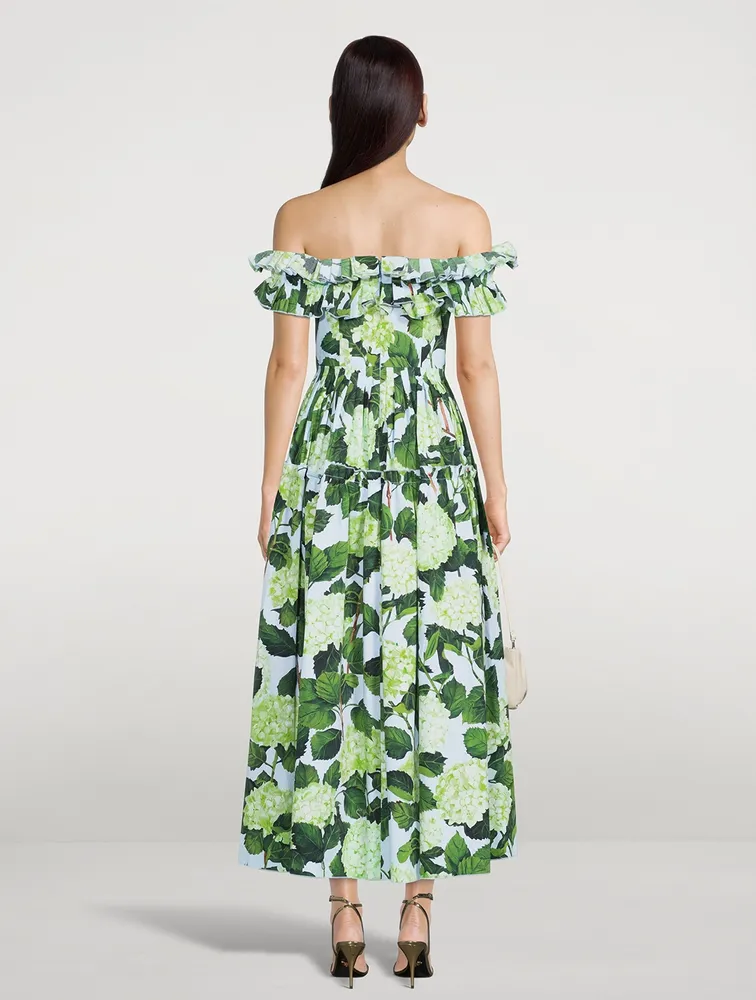 Off-The-Shoulder Poplin Dress Hydrangea Print