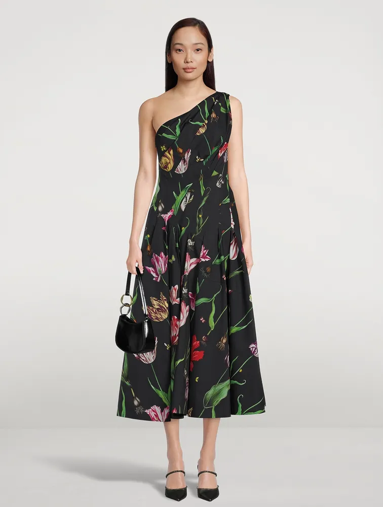 One-Shoulder Poplin Dress Tulip Mania Print