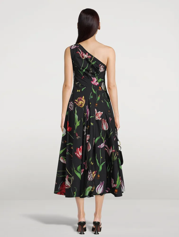 One-Shoulder Poplin Dress Tulip Mania Print