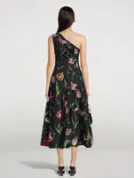 One-Shoulder Poplin Dress Tulip Mania Print