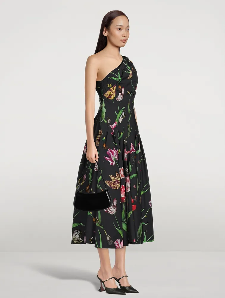 One-Shoulder Poplin Dress Tulip Mania Print