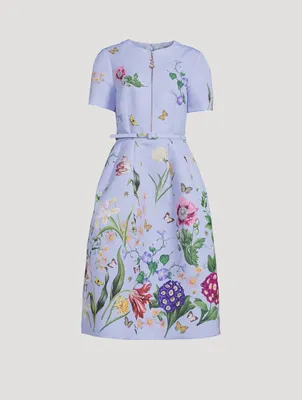 Zip-Front Faille Dress Multi-Floral Print
