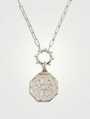 Aztec 14K White Gold Octagon Deco Medallion Necklace