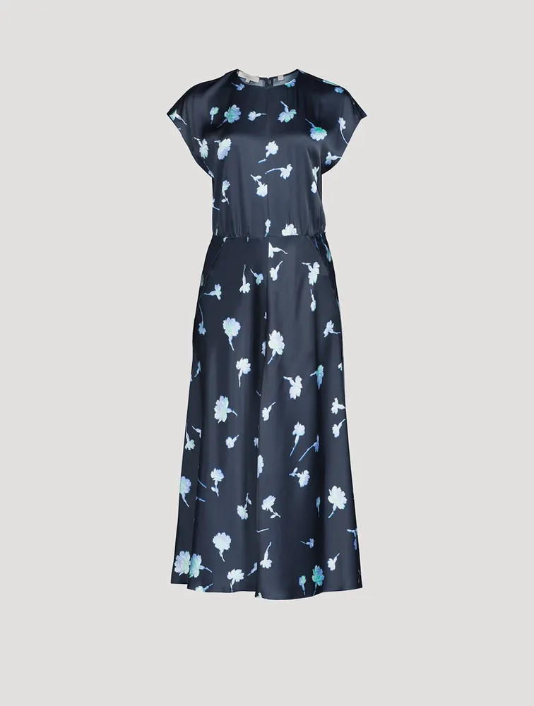 Satin Midi Dress Sea Carnation Print