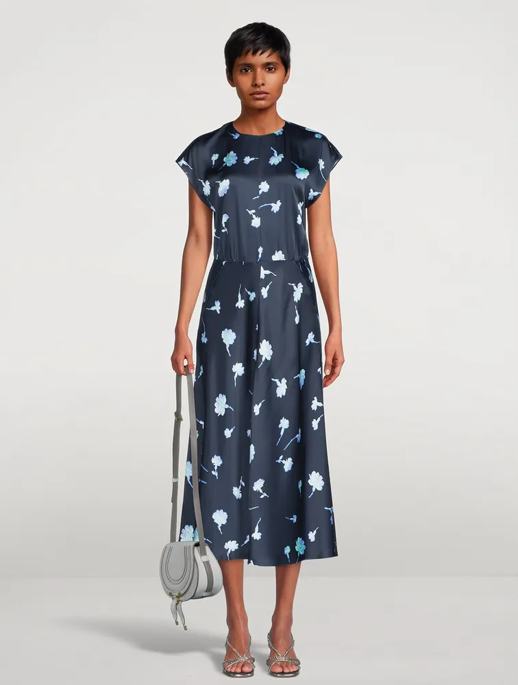 Satin Midi Dress Sea Carnation Print