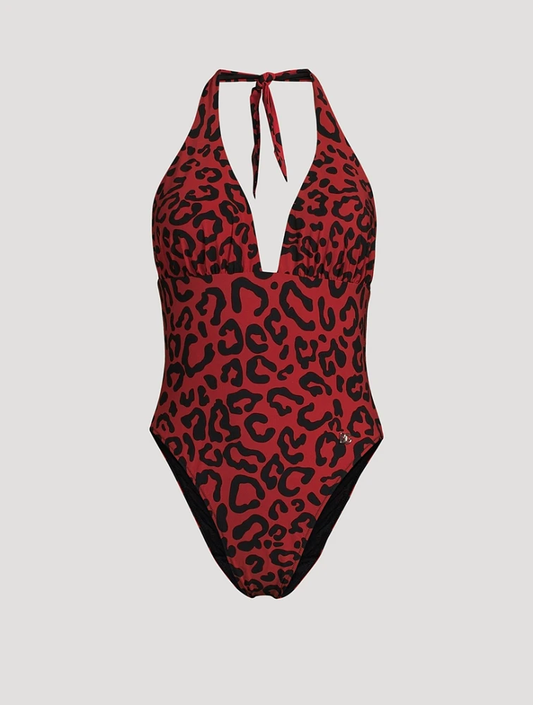 One-Piece Halter Swimsuit In Leopard Print