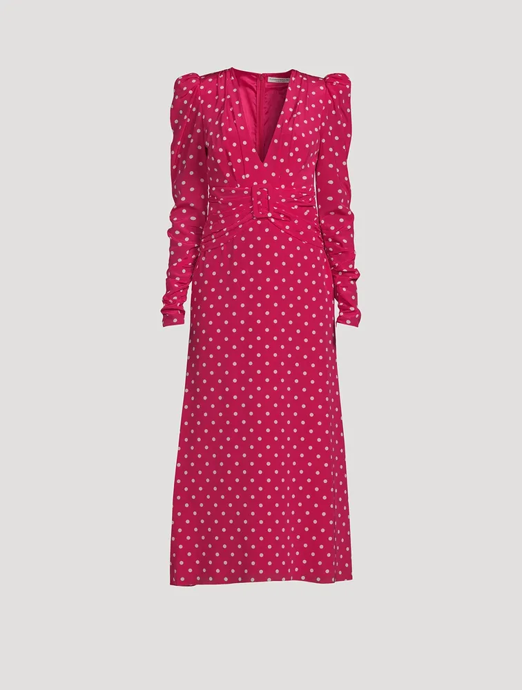 Silk Puff-Sleeve Dress Polka Dot Print