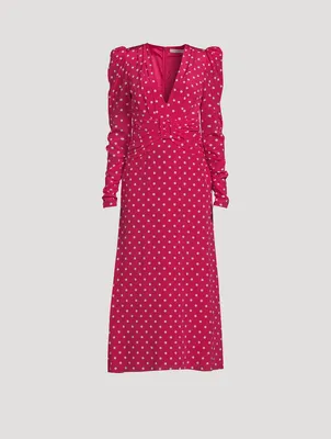 Silk Puff-Sleeve Dress In Polka Dot Print