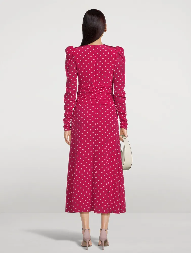 Silk Puff-Sleeve Dress Polka Dot Print