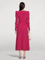 Silk Puff-Sleeve Dress Polka Dot Print