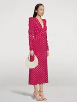 Silk Puff-Sleeve Dress Polka Dot Print