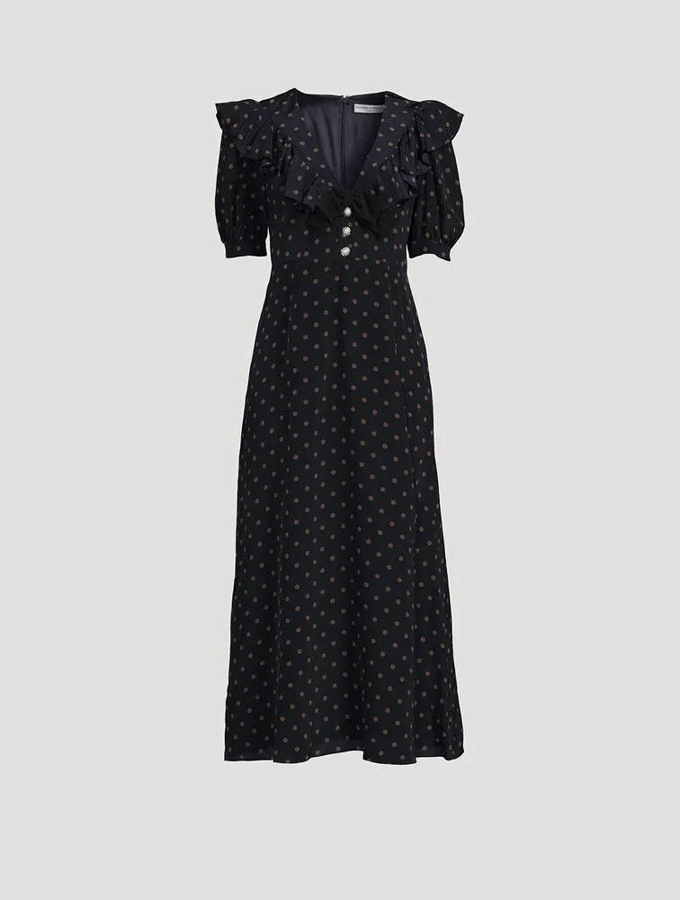 Ruffled Silk Dress Polka Dot Print