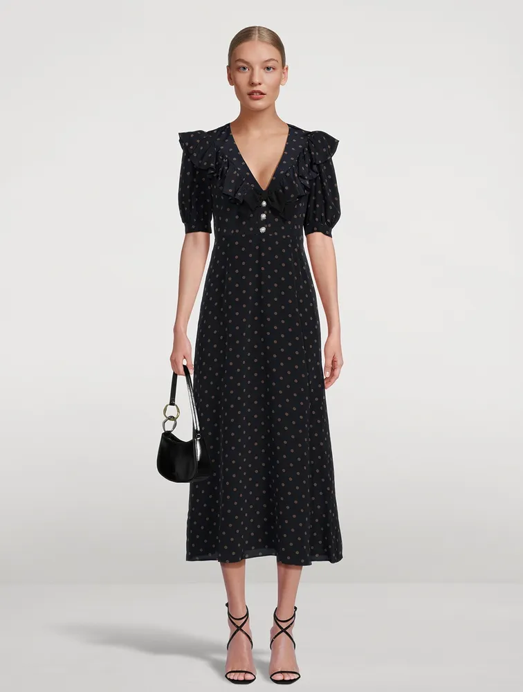 Ruffled Silk Dress Polka Dot Print