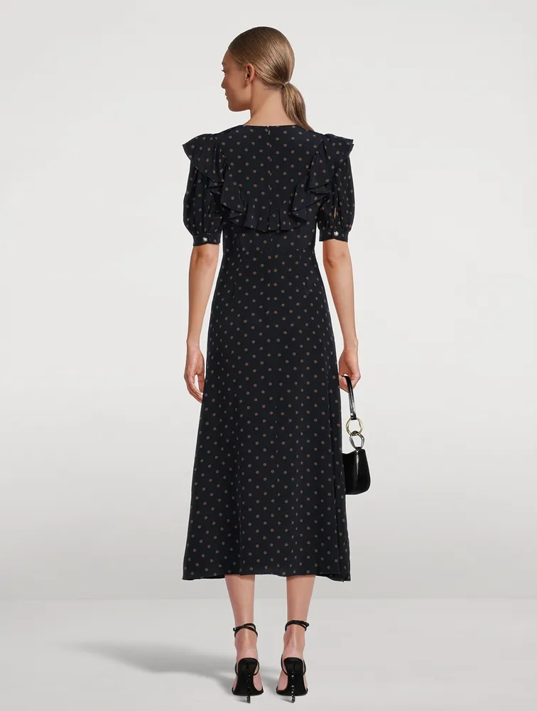 Ruffled Silk Dress Polka Dot Print