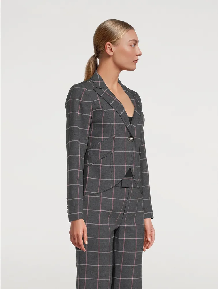 One-Button Blazer Plaid Print