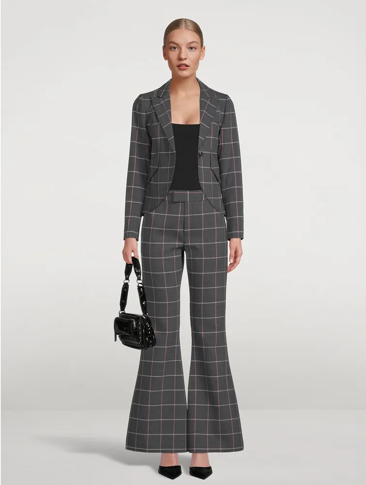 One-Button Blazer Plaid Print