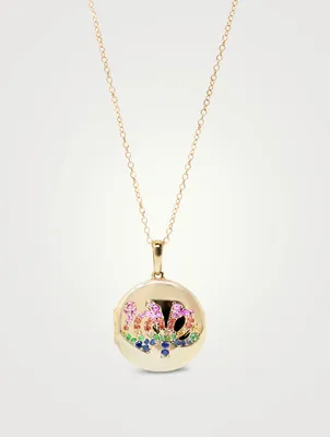 14K Gold Love Locket Necklace With Multicolour Sapphire
